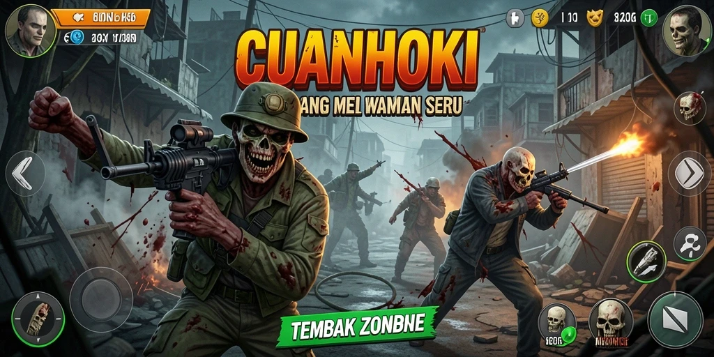 Screenshot utama CUANHOKI menampilkan aksi menembak zombie yang intens.